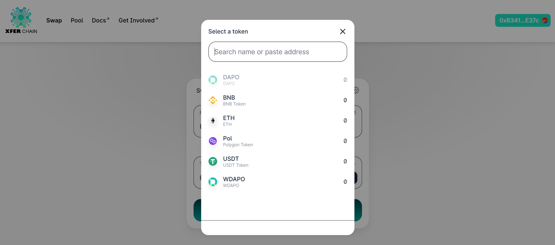 Token selection in swap interface